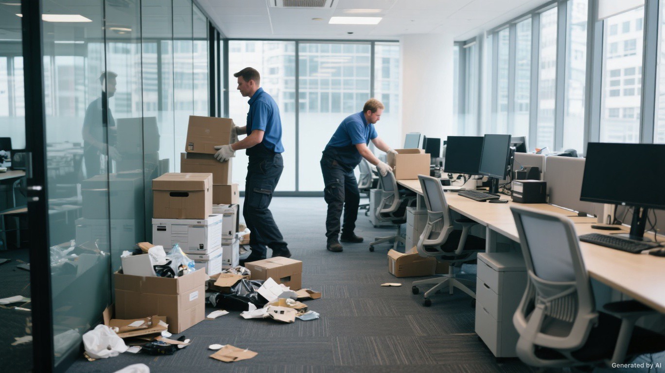 Office clearance team stripping a full Central Fulham SW6 corporate office floor of desks, chairs, and general business waste — Office Clearance London