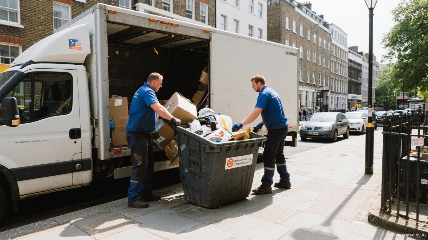 Man and van waste clearance team loading a tipper van instead of a skip on a Sands End, Fulham SW6 street — Skip Hire Alternative