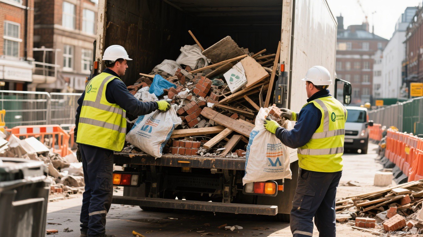 Construction waste clearance crew loading rubble, timber, and builders bags from an active Fulham SW6 building site — Construction Waste Removal