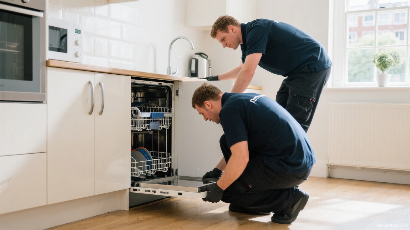Dishwasher removal team disconnecting and removing an integrated dishwasher from a Fulham SW6 riverside kitchen — Dishwasher Disposal