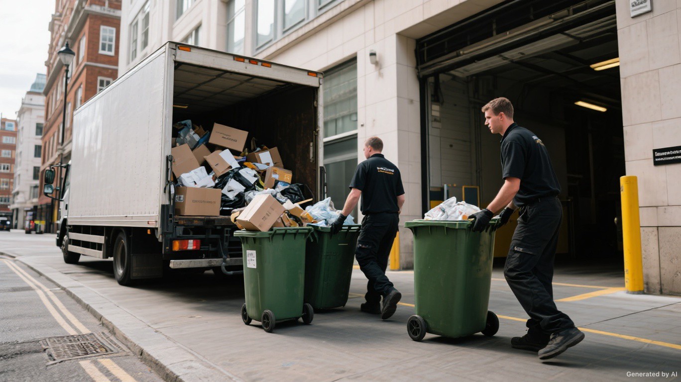 Commercial clearance crew collecting general business waste and wheelie bins from a Central Fulham SW6 loading bay — Commercial Waste Collection