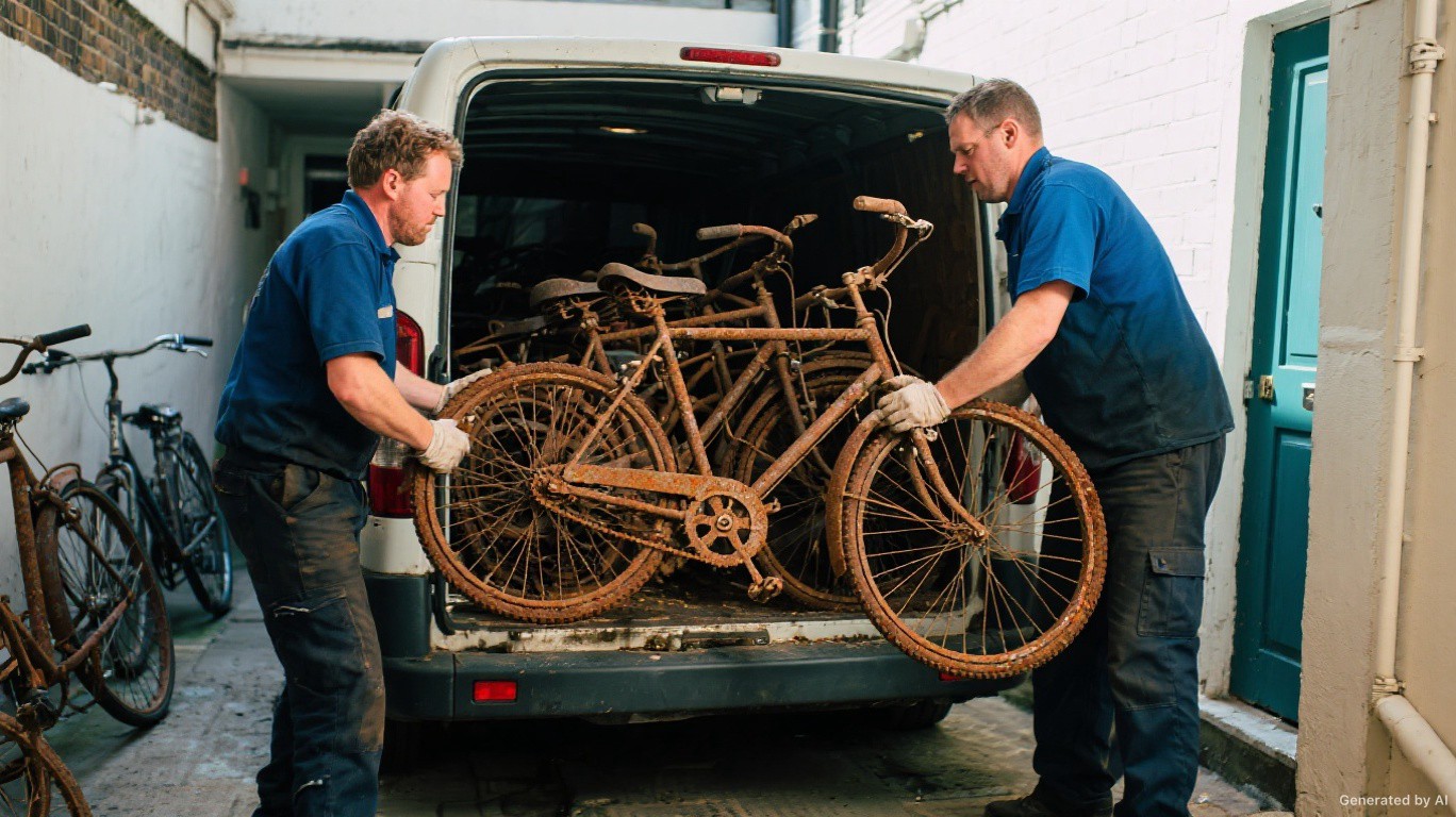 Abandoned bike disposal team loading rusted old bicycles onto a van from a Fulham SW6 basement bike store — Bike Disposal & Frame Recycling