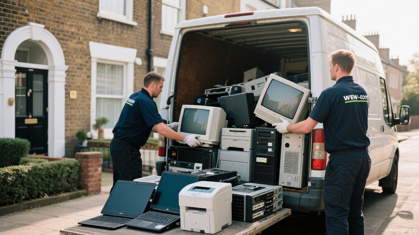 WEEE and e-waste collection team loading monitors laptops and printers from a Fulham SW6 riverside home office — WEEE & E-Waste Recycling