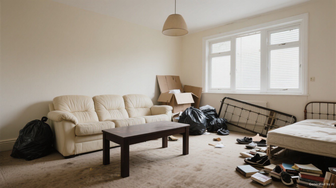 Carpet uplift team removing rolled carpet and underlay from a Fulham SW6 riverside room — Carpet Uplift & Disposal