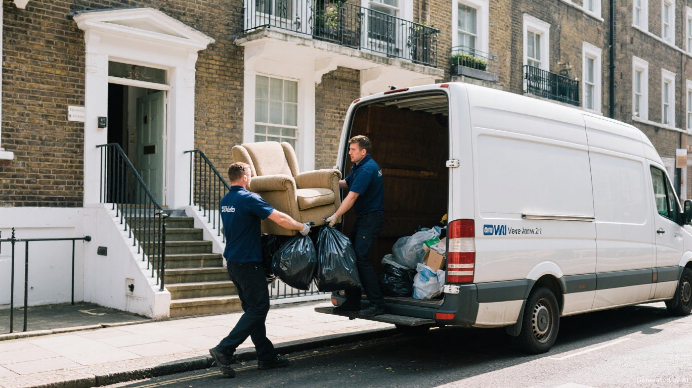 Two-person man and van rubbish removal crew carrying armchair and bin bags directly down stairs from inside a Fulham SW6 flat to the van with no skip needed
