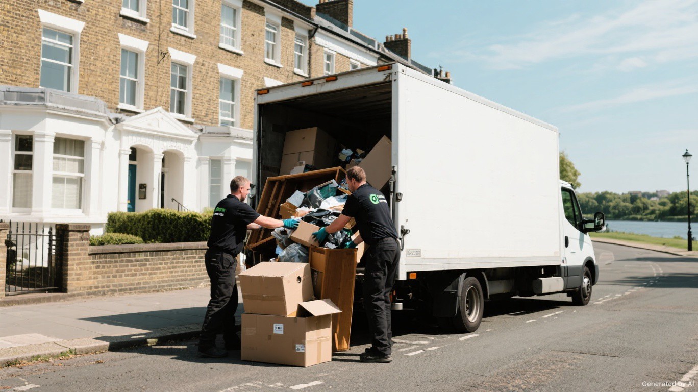 Professional rubbish removal team and van on a Fulham street