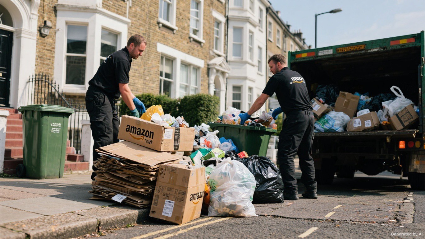 Waste removal team collecting general household and small-trade bagged waste and stacked cardboard from kerbside outside a Fulham SW6 Victorian property