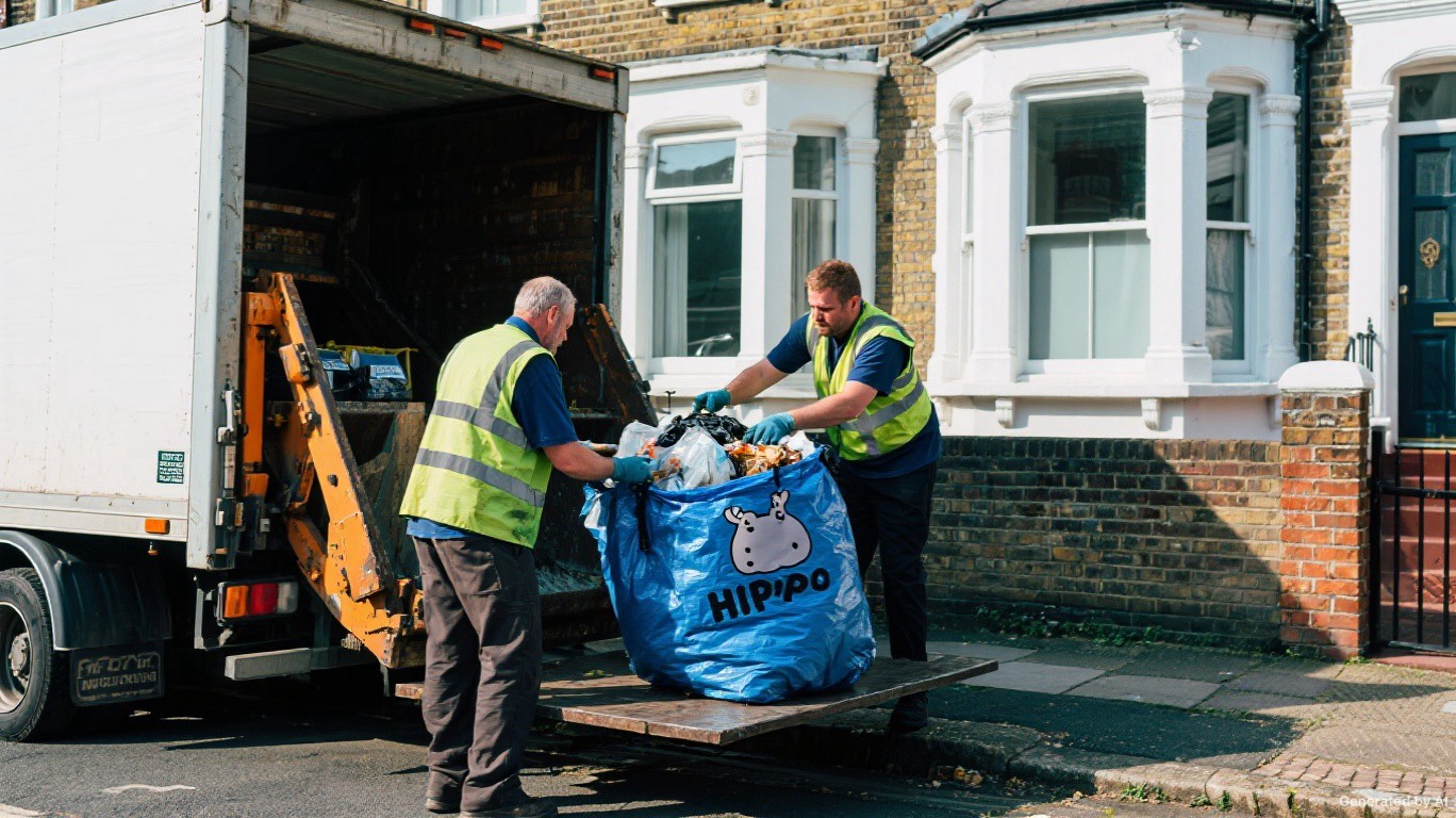Hippo skip bag collection team loading a filled skip bag from a Fulham SW6 terraced house garden — Hippo Bag & Skip Bag Collection
