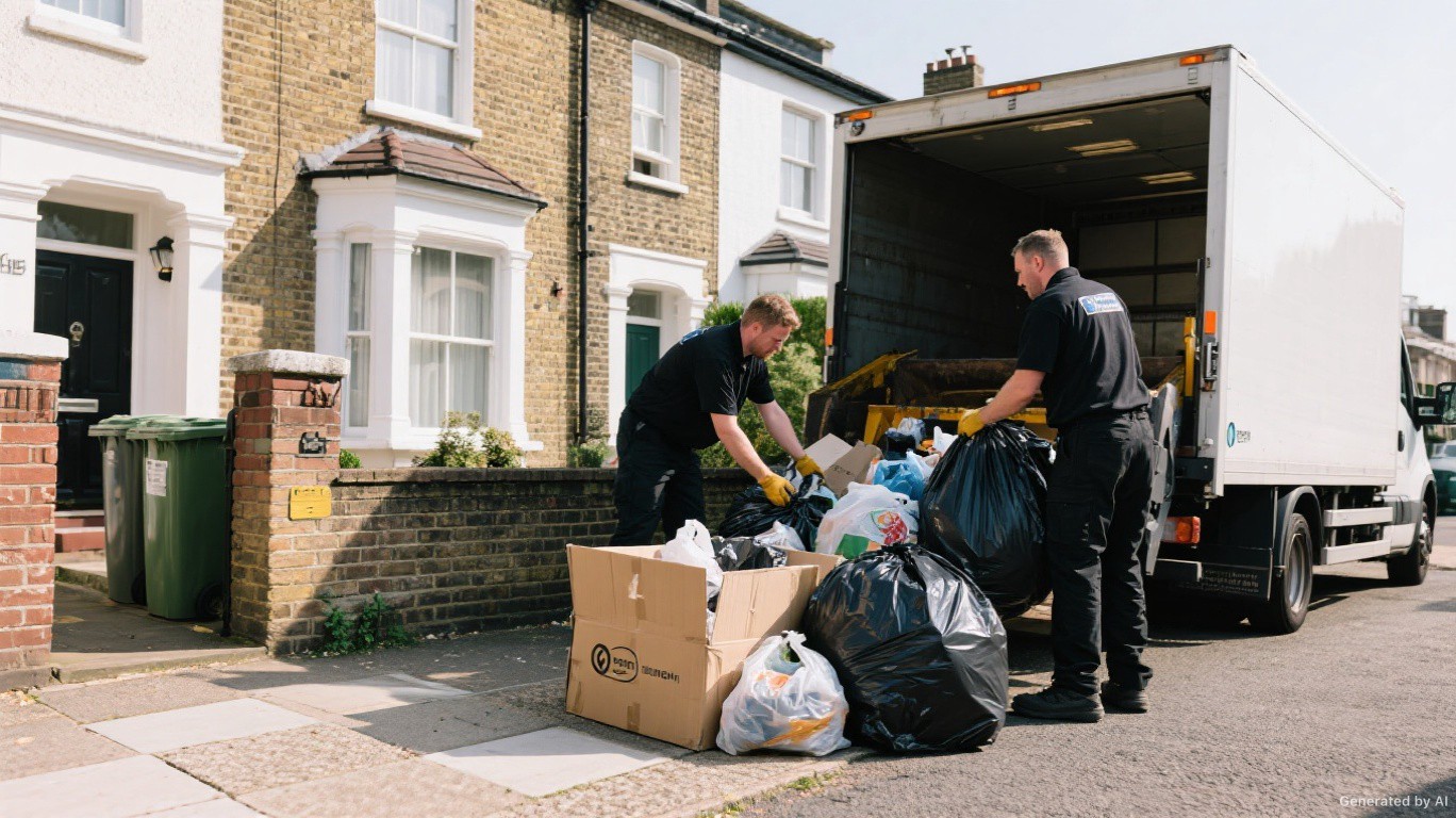 Rubbish removal crew loading mixed household bags, loose waste, and carrier bags from a Fulham SW6 residential driveway onto a modern tipper van