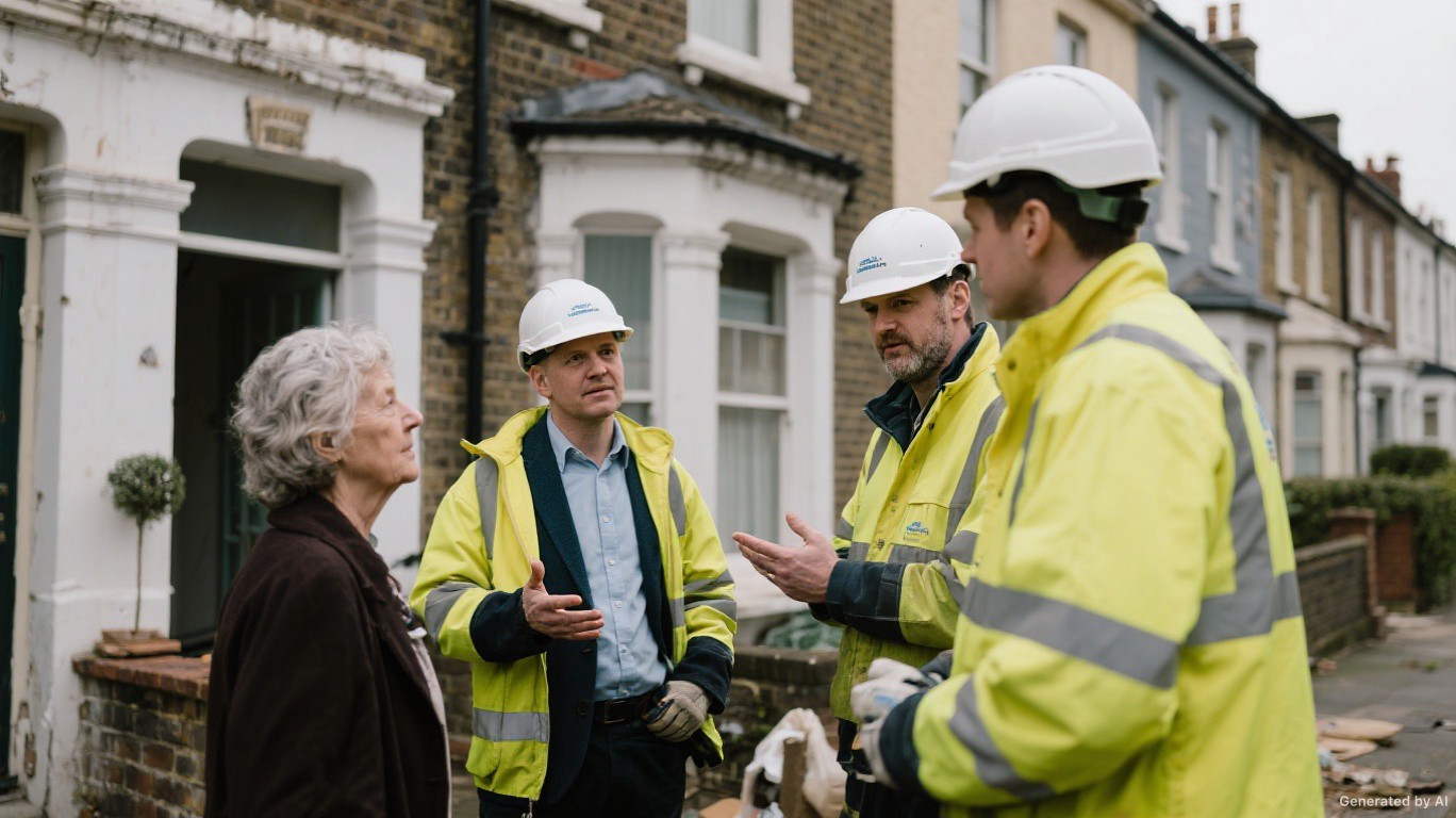 Asbestos survey and handover meeting outside a pre-1970 SW6 (Fulham) terraced house — Asbestos Info & Handover