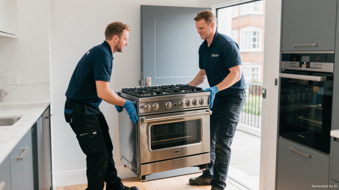 Cooker removal team carefully lifting a heavy stainless steel range cooker from a SW6 (Fulham) riverside kitchen — Cooker, Oven & Range Removal